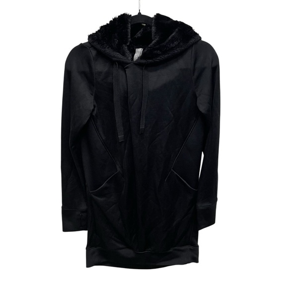 Athleta women’s Triumph LUXE Shine Black Hoodie Dress Pockets Fur-Lined Hood XS - Picture 3 of 10